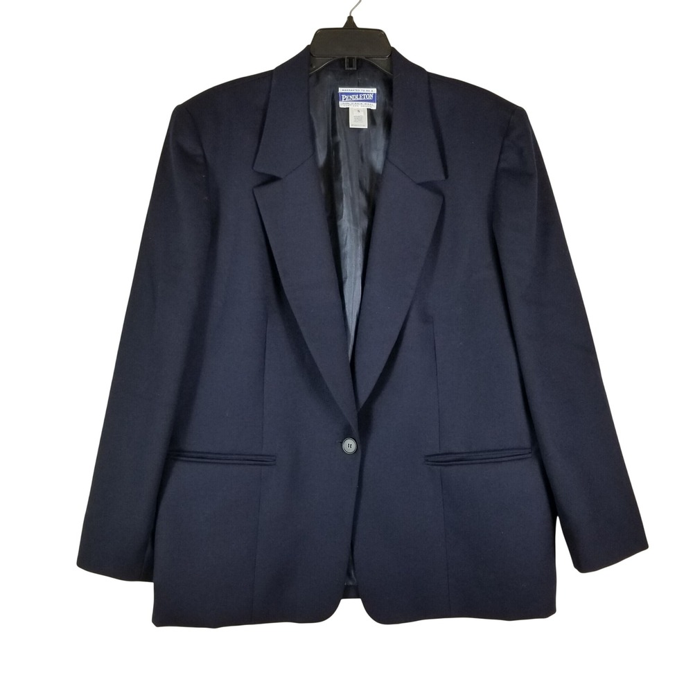 Pendleton Blazer Women 16 Navy Blue 100% Virgin Wool Single Button Classic Coat